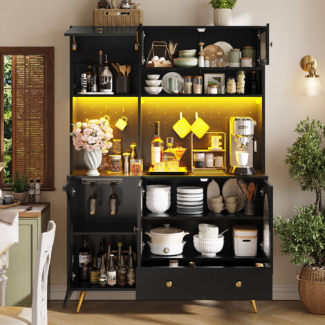 Credenza alta da cucina con scaffali, 1 cassetto e vani aperti, LED, prese e porte USB, 120×40×176 cm (1/5)