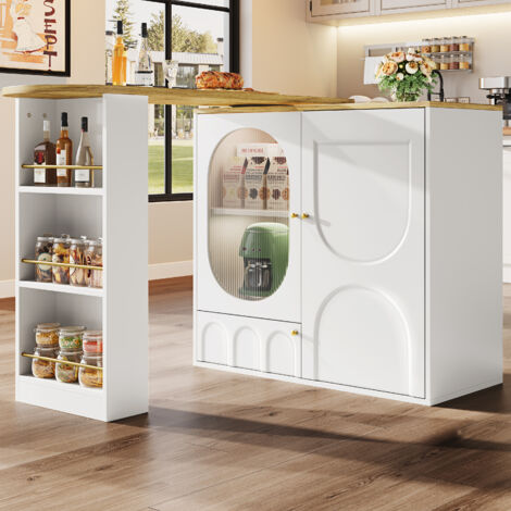 Isola Cucina con 3 Ante, Tavolo Laterale Girevole a 360° e Vani Contenitori, per Cucina, MDF e Metallo, Bianco, 138×39×105 cm