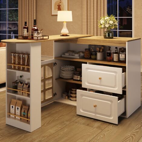 Mobile Bar con 2 Cassetti, 3 Ripiani Laterali, Anta in Vetro Curvo, Rotazione 360°, per Soggiorno, MDF, Bianco