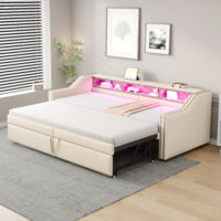 Letto Estraibile 90×200 cm e 180×200 cm, Letto Singolo con Vano Contenitore, LED Regolabile e USB, senza Materasso, Beige