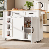 Carrello da Cucina con 2 Cassetti e 2 Ante, Ripiani Regolabili, Prese e Ruote, per Cucina, Bianco e Naturale