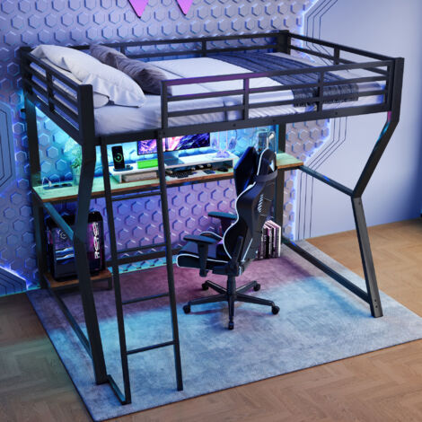Cama Alta 90×200 cm, Cama Individual con LED Regulable, Escritorio, Estante PC y Enchufe, USB y Barandilla, sin Colchón, Negro