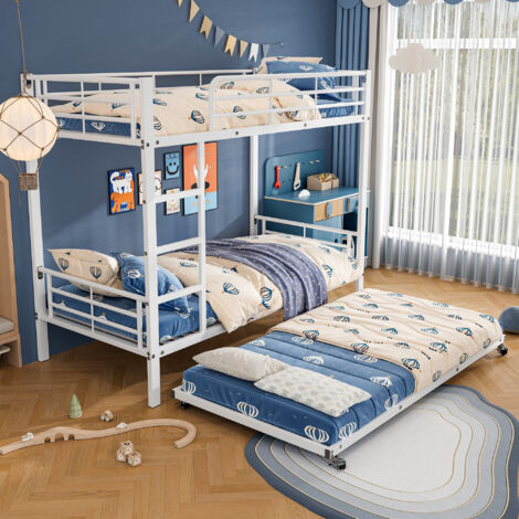Litera 90×200 cm y 90×190 cm, Cama 3 Plazas con Cama Nido, Barandillas y Escalera, sin Colchón, de Metal, Blanco