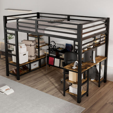 Cama Alta 120×200 cm, Cama Individual con Escritorio Integrado, Estante y Escalera de 4 Peldaños, sin Colchón, Metal y Madera, Negro