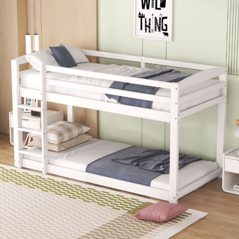 Litera, Cama Individual con Barandillas, Ahorra Espacio, 200×90 cm, sin Colchón, de Pino Macizo, Blanco