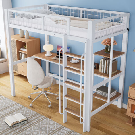Cama alta 90×200 cm, Cama Individual con Escritorio, Estanterías y Escalera de 5 Peldaños, sin Colchón, en Metal y Madera, Blanco y Natural