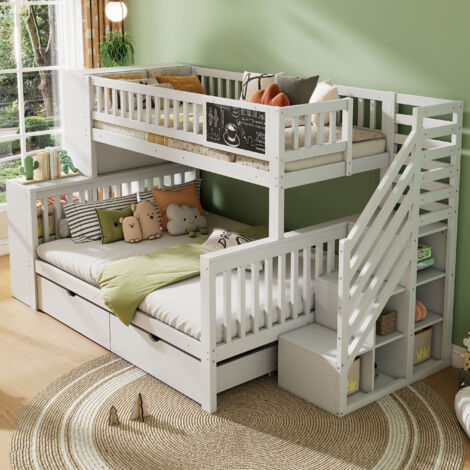 Litera 140×200 cm y 90×200 cm, Cama 3 Plazas con Escalera con Almacenaje, Armarios y Pizarra, sin Colchón, Blanco (1/5)