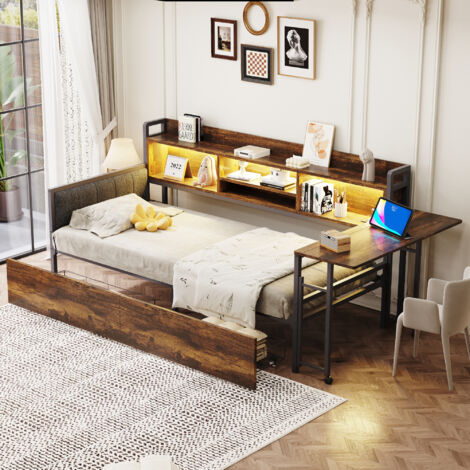 Cama Nido 90×200 cm, Cama Individual con LED, 2 Cajones, Enchufe Multifunción y Escritorio Abatible, sin Colchón, Madera Natural