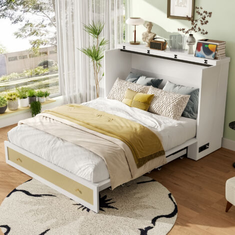 Cama Abatible 140×200 cm, Cama Doble con 1 Cajón, USB, Enchufe y Estantes, sin Colchón, en MDF, Blanco