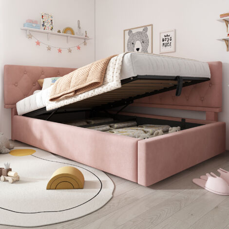 Cama Nido 90×200 cm, Cama Individual con Arcón, Cabecero Reversible y Tapizado de Terciopelo, sin Colchón, Rosa