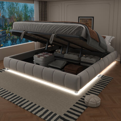 Cama con Arcón 180×200 cm, Cama Doble con LED Blanca, Elevación Hidráulica y Almacenaje, sin Colchón, Beige