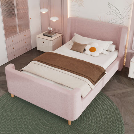 Cama Infantil Individual con Estampado Espacial, Cabecero Acolchado y Lamas de Madera Maciza, 200×90 cm, sin Colchón, Terciopelo, Rosa