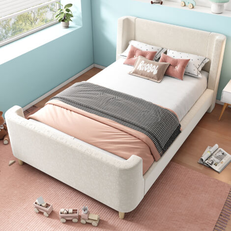 Cama Infantil Individual 90×200 cm con Estampado Espacial, Cabecero Acolchado y Somier de Lamas, sin Colchón, en Terciopelo, Beige