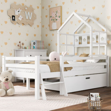 Cama Casita 90×200 cm, Cama Individual con Escalera, 1 Cajón y Barandilla de Seguridad, sin Colchón, de Madera Maciza, Blanco