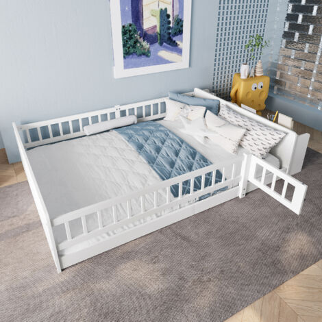 Cama Infantil 140×190 cm, Cama Individual con Almacenaje Abierto, Estantes y Barandilla Abatible, sin Colchón, Madera, Blanco