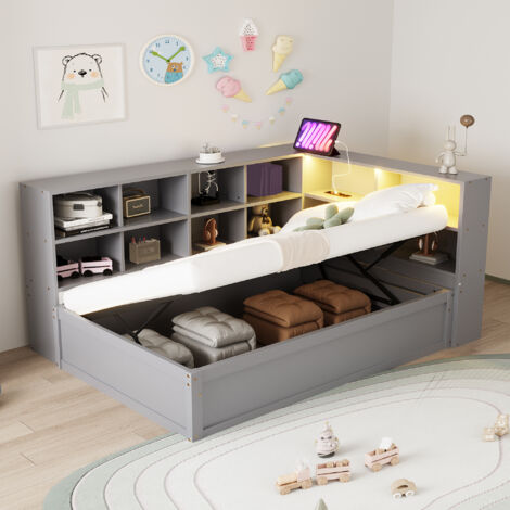 Cama Diván 90×200 cm, Cama Individual con Arcón, Tomas USB, LED y Compartimentos, sin Colchón, de Madera, Gris