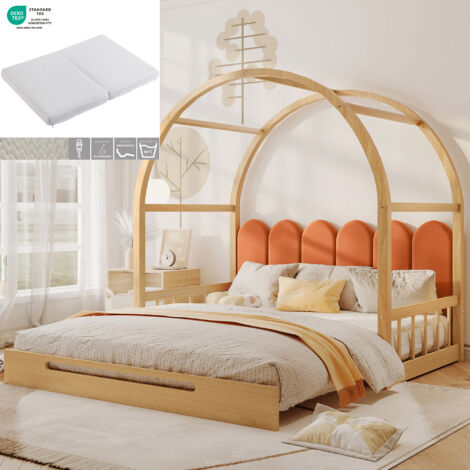 Cama nido 140×100 cm y 140×200 cm, Cama 2 Plazas con Techo Arqueado, Cojín y Barandillas, con Colchón, de Madera, Natural