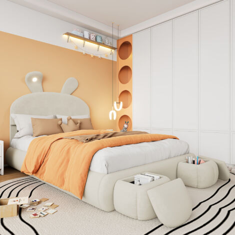 Cama con Canapé 140×200 cm, Cama Doble con Orejas de Conejo, LED Regulable y 2 Pufs de Almacenaje, sin Colchón, Terciopelo, Beige (1/5)