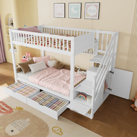 Litera 90×200 cm, Cama Individual con 2 Cajones, Estanterías y Armario, sin Colchón, de Pino, Blanco