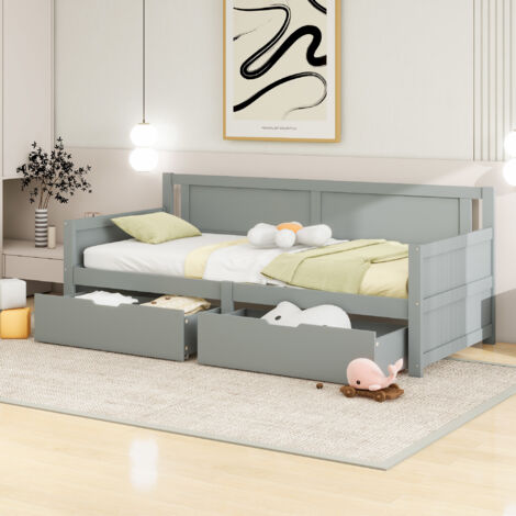 Cama Nido Individual 90×200 cm con 2 Cajones y 2 Compartimentos, sin Colchón, de Madera, Gris