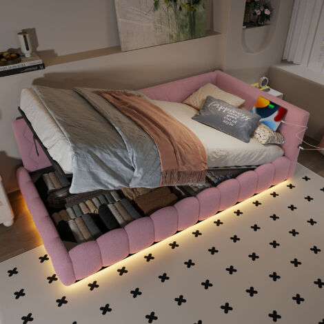 Cama Diván 90×200 cm, Cama Individual con Arcón, USB, Tipo C, LED Regulable e Iluminación Multicolor, sin Colchón, Rosa (1/5)