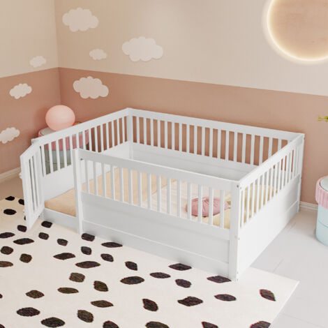 Cama Casita 140×200 cm, Cama Individual con Barandilla 60 cm y Puerta, sin Colchón, en Madera Maciza, Blanco
