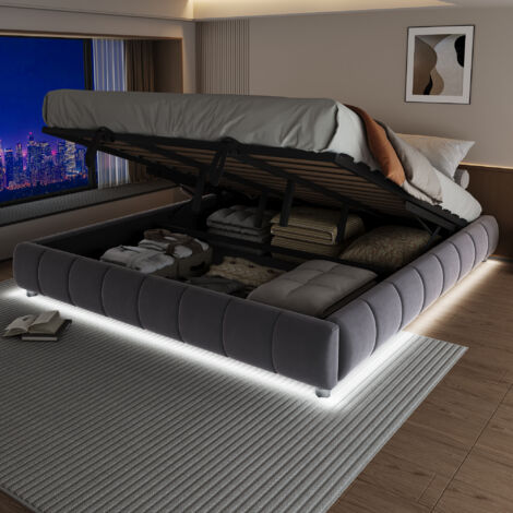 Cama Arcón 180×200 cm, Cama Doble con LED Blanca, Apertura Hidráulica y Espacio de Almacenaje, sin Colchón, Gris