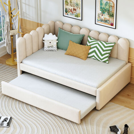 Cama Nido 140×200 cm, Cama Doble con Cama Extraíble y Respaldo en Pétalos, sin Colchón, en Terciopelo, Beige