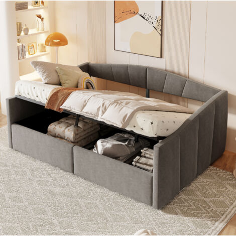 Cama Nido 140×200 cm, Cama Doble con Canapé Hidráulico, Respaldo y Reposabrazos, sin Colchón, Terciopelo, Gris