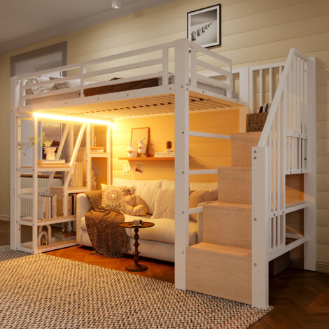 Cama Alta 90×200 cm, Cama Individual con LED Multicolor, Escalones con Almacenaje y Estantes, sin Colchón, Blanco