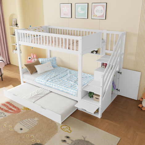Litera 90×200 cm, Cama 3 Plazas con Cama Nido, Armario y Estanterías, sin Colchón, en Pino, Blanco