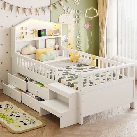 Cama infantil 90×200 cm, Cama Individual con Barandilla, 4 Cajones, LED Regulable, USB, Tipo C y Escalones, sin Colchón, Blanco