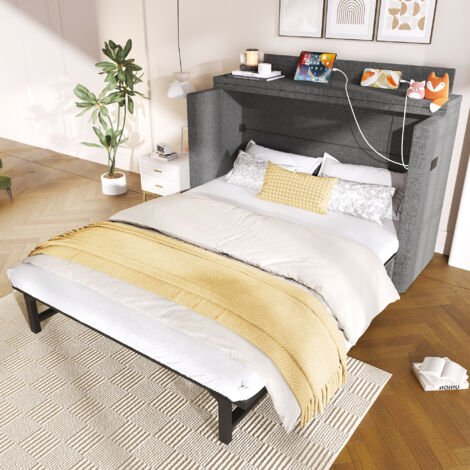 Cama abatible 140×200 cm, Cama Doble con 1 Cajón, USB, Tipo C y Estantería, sin Colchón, en Lino, Gris (1/5)