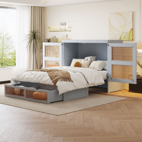 Cama abatible 140×200 cm, Cama Doble con 2 Cajones, Puertas Estilo Ratán y Apertura 270°, sin Colchón, Gris