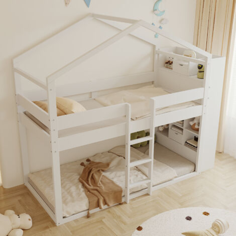 Litera 90×200 cm, Cama Individual con Almacenaje, Estantes y Compartimentos, sin Colchón, de Madera Maciza, Blanco