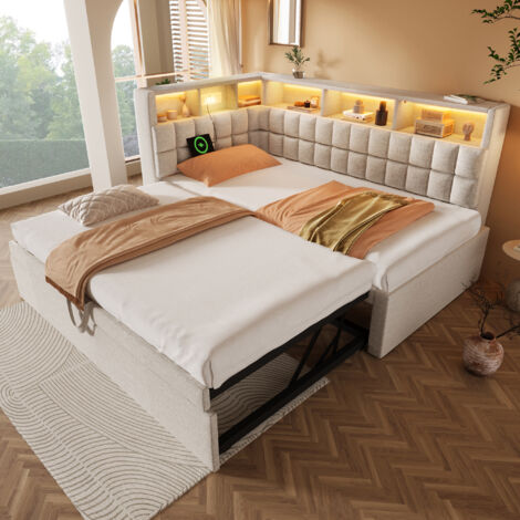 Cama nido Individual con USB, Tipo C, LED Regulable y Altavoz Bluetooth, 90×200 cm, sin Colchón, Beige, en Tela de Lino (1/5)