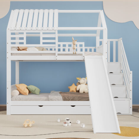 Litera 90×200 cm, Cama 2 Plazas con Escalera, Almacenaje, Tobogán, Cajón y Barandillas, sin Colchón, Blanco