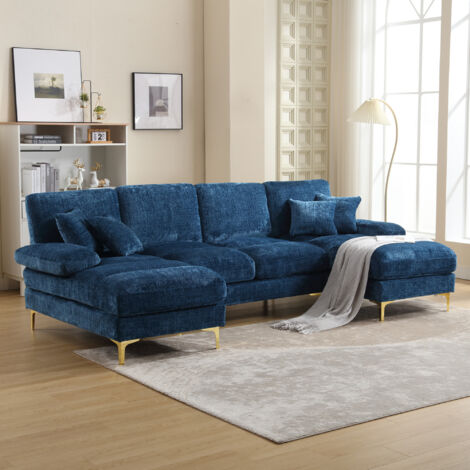 Sofá Panorámico en U, 4 Plazas con Doble Chaiselongue, Asiento Ergonómico y Cojines, Chenilla Azul