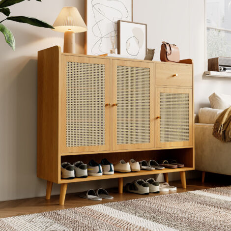 Zapatero Acabado Natural con 3 Puertas y 1 Cajón, Patas de Madera Maciza, para Recibidor, 120×35×106 cm (1/5)