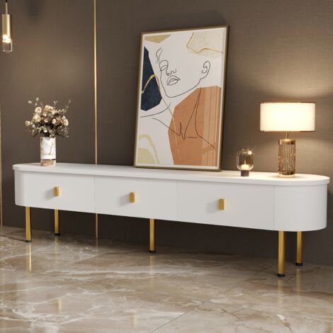 Mueble TV con 3 Cajones, Tiradores y Patas Dorados, Bordes Curvos, Acabado Lacado, para Salon, MDF, 174 x 35 x 41 cm