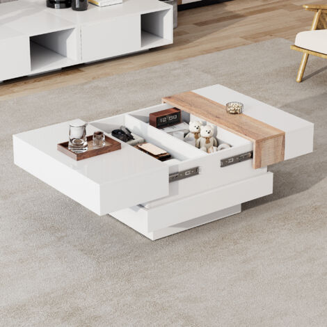 Mesa de Centro Cuadrada con Tablero Extensible y Almacenaje Oculto de 2 Compartimentos, Brillo, Salón, 70 x 70 x 39 cm