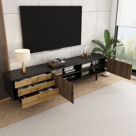 Mueble TV con 2 Puertas y 3 Cajones, Frentes Ondulados, Patas Macizas, para Salón, Negro y Natural, 180×38×50 cm