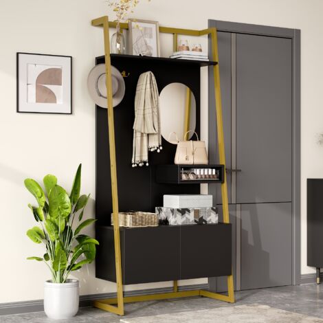 Mueble de Entrada con Espejo, 2 Puertas, Estantes, Ganchos de Metal y Banco Zapatero, en Tablero y Metal, 78 x 38.5 x 180.5 cm, Negro