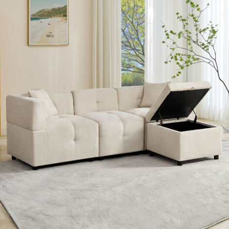 Sofá Chaise Longue Reversible de 3 Plazas, con Almacenaje, Puf Extraíble y 2 Cojines, Chenilla Beige 204 × 126 × 69 cm (1/5)