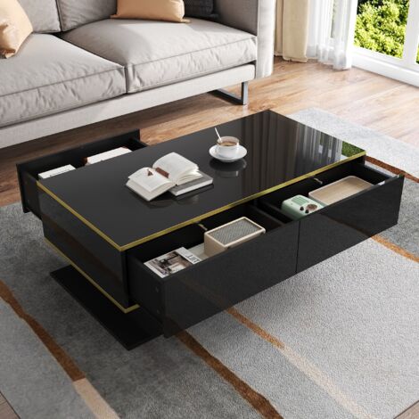 Mesa de Centro Rectangular con 3 Cajones y Hueco Abierto, LED Regulable, Acabado Brillante, 100×50×40 cm, Negro y Oro