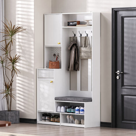 Mueble de Entrada con 2 Cajones, 4 Ganchos y Banco Acolchado, Panel Perforado, MDF, Blanco, 100×35×180 cm (1/5)