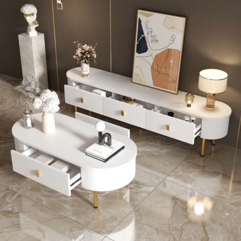 Conjunto de muebles de salón Mesa de Centro y Mueble TV con Cajones, Bordes Redondeados, MDF Blanco y Dorado