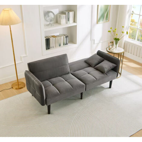 Sofá Cama de 2 Plazas, Respaldos Ajustables y Reposabrazos Abatibles, 2 Cojines, Terciopelo, Gris Antiguo