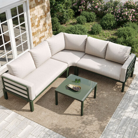Conjunto 2 Muebles de Jardín Sofá de 4-5 Plazas y Mesa de Centro con Patas Ajustables, Hierro, Beige