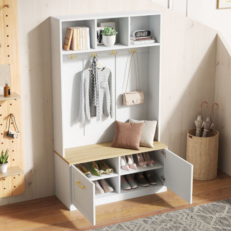 Mueble de entrada con 2 Puertas, Banco, 4 Ganchos y Estantes Abiertos ...